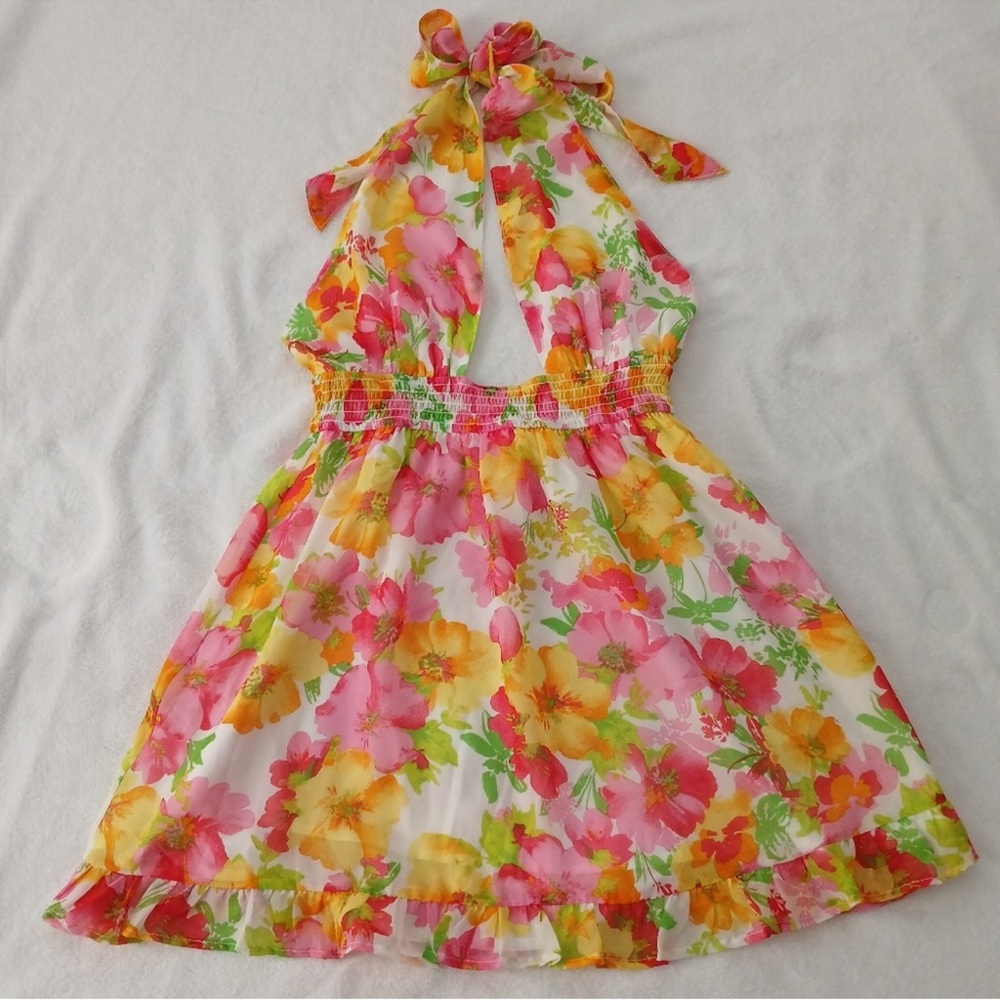 Sky To Moon Floral Mini Dress Halter Tie Neckline Open Back Women's Size Medium.